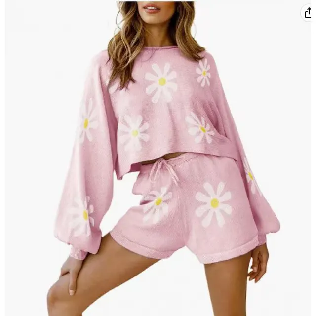 Women's Waffle Knit Pajamas Suit Long Sleeve Top And Shorts Pink - Shop at LoveMi