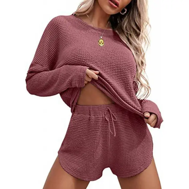 Women's Waffle Knit Pajamas Suit Long Sleeve Top And Shorts Purplish Red - Shop at LoveMi