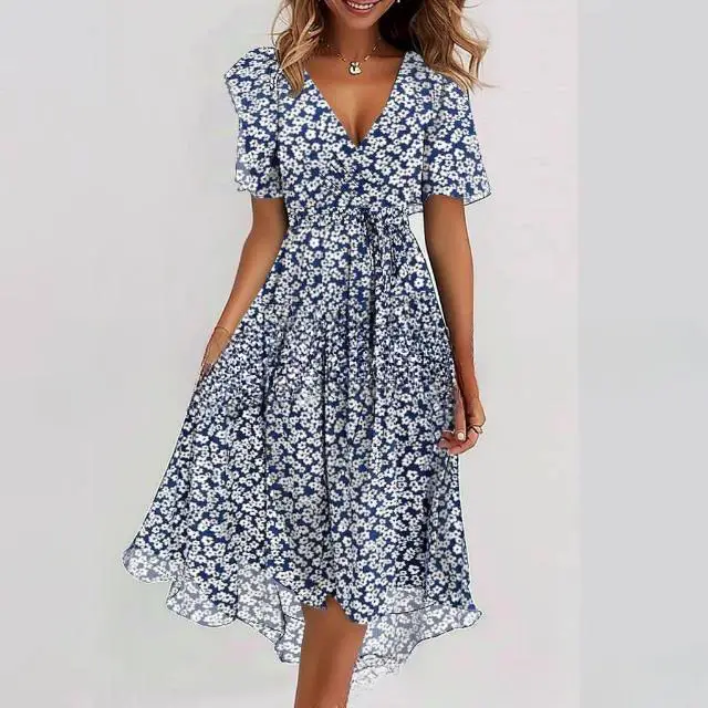 Flowers Printed V neck Dress Summer A line Short sleeved Dresses For Women Blue And White Floral - Shop at LoveMi