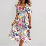 Flowers Printed V-neck Dress Summer A-line Short-sleeved Dresses For Women - Flower Color 2-S - View 1