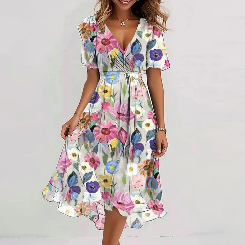 Flowers Printed V-neck Dress Summer A-line Short-sleeved Dresses For Women - Flower Colour 2 - View 1