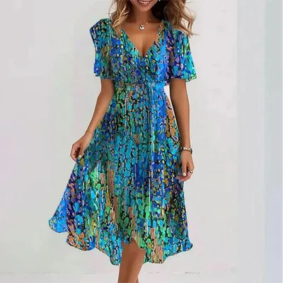 Flowers Printed V neck Dress Summer A line Short sleeved Dresses For Women Green - Shop at LoveMi
