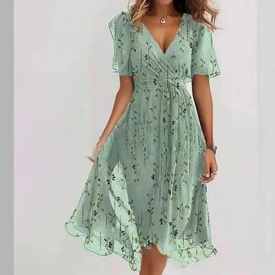 Flowers Printed V neck Dress Summer A line Short sleeved Dresses For Women Light Green Bamboo - Shop at LoveMi