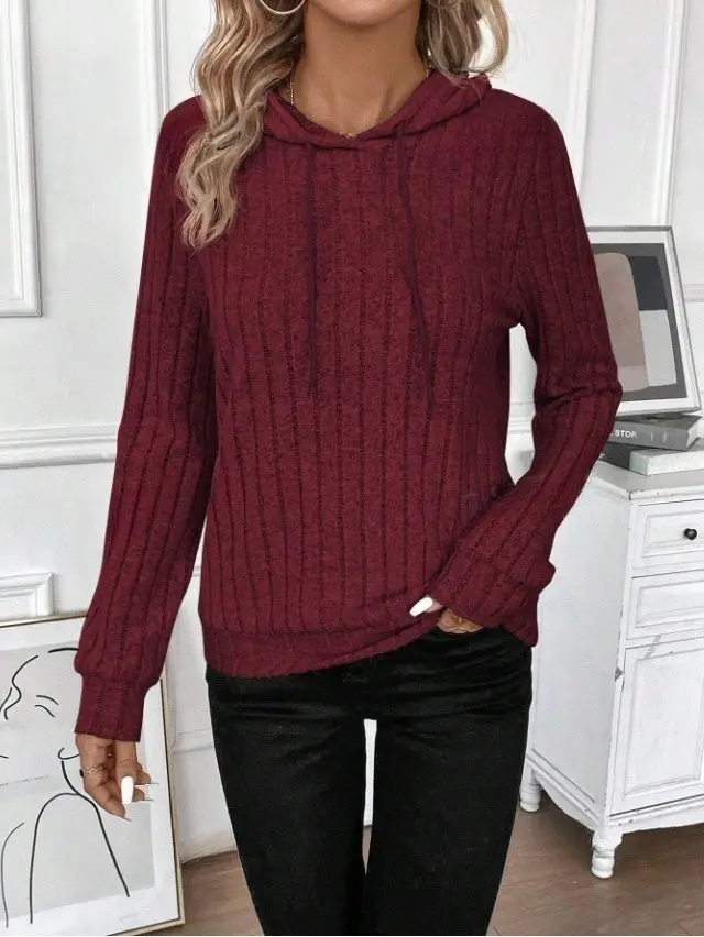 Casual Rib Sunken Stripe Pullover Hooded Long Sleeves Sweater Wine Red - Shop at LoveMi
