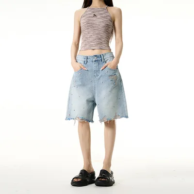 Ripped Retro Rhinestone Wide leg Denim Shorts Light Blue - Shop at LoveMi