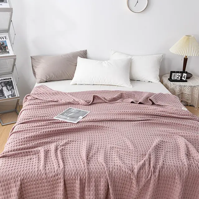 Human Waffle Pure Cotton Towel Bed Gauze Blanket Bean Pink - Shop at LoveMi