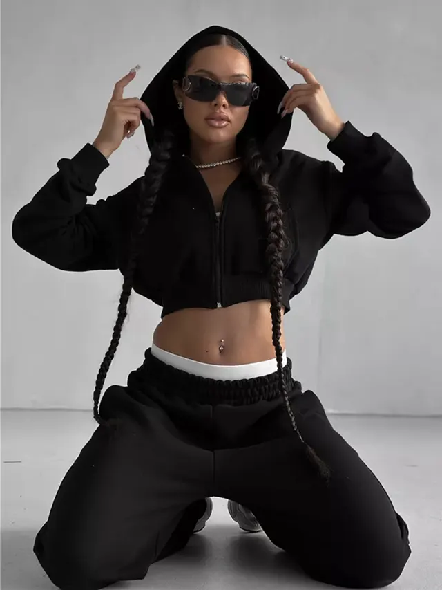 Women's Solid Color Leisure Long sleeved Hooded Sweater Trousers Black - Shop at LoveMi