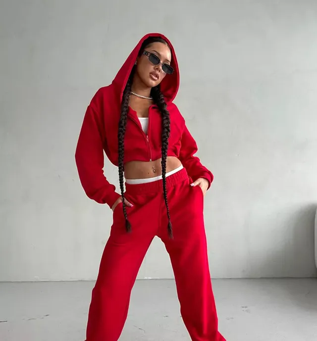 Women's Solid Color Leisure Long sleeved Hooded Sweater Trousers Red - Shop at LoveMi