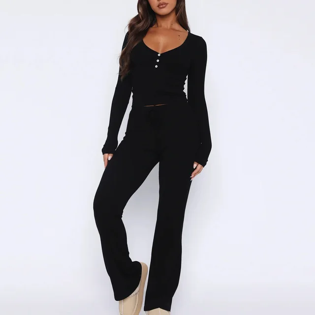 Women's Solid Color Rest Long Sleeve With Button Top And Trousers Black - Shop at LoveMi