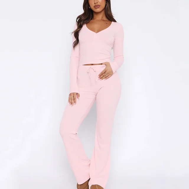 Women's Solid Color Rest Long Sleeve With Button Top And Trousers Pink - Shop at LoveMi