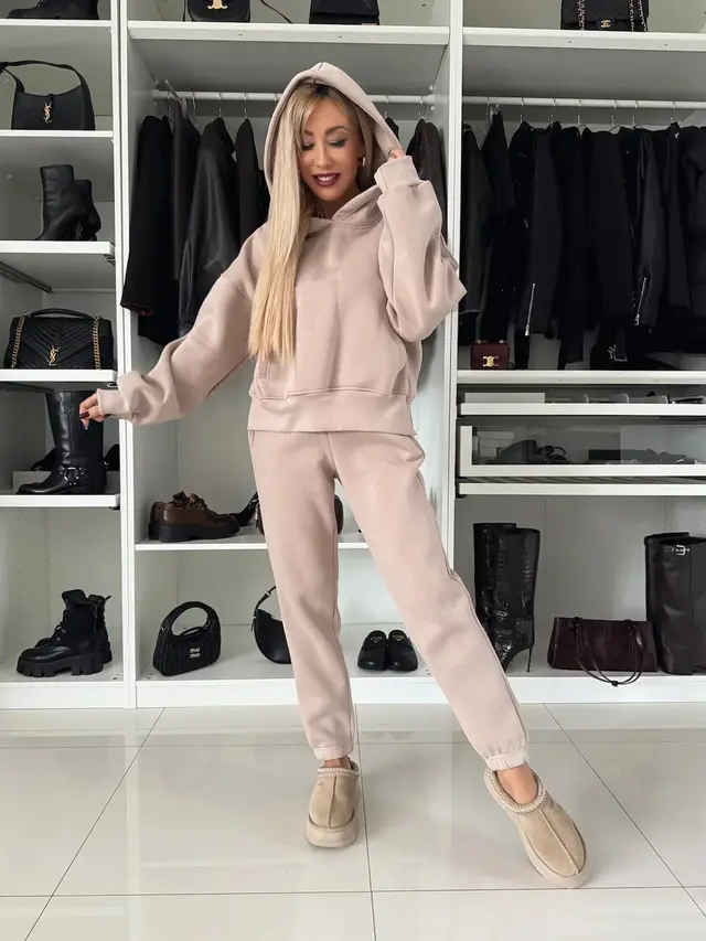 Women's Long sleeved Hooded Sweater Ankle tied Trousers Two piece Set Apricot - Shop at LoveMi