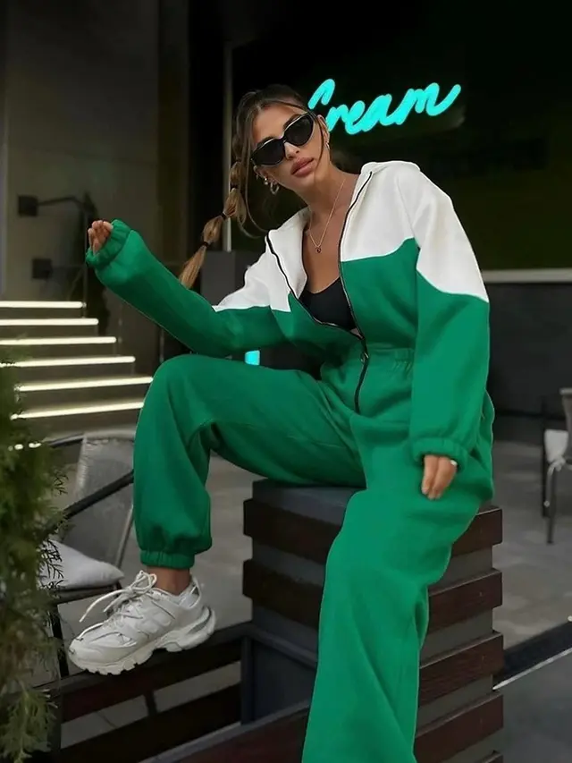 Women's European And American Style Sports Casual Contrast Color Jumpsuit Green - Shop at LoveMi