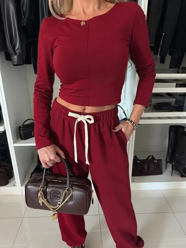 Women's Solid Color Casual Waist exposure T shirt Trousers Wine Red - Shop at LoveMi