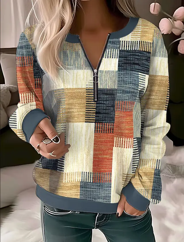 Printed V neck Loose Zip Knitted Sweater Element 1 - Shop at LoveMi