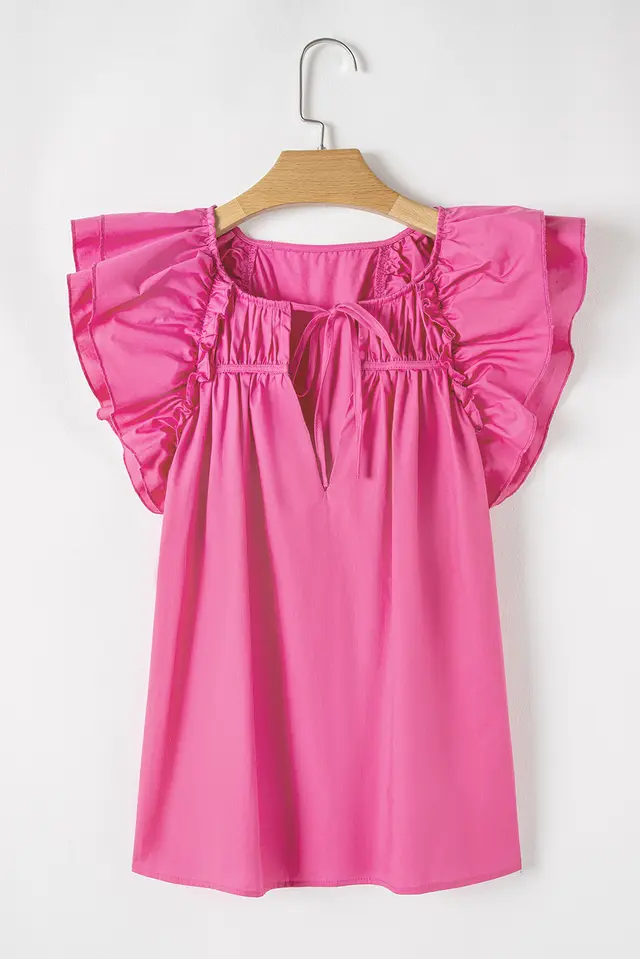 Sachet Shirred Yoke Lace Up V Neck Ruffled Sleeve Blouse Sachet Pink - Shop at LoveMi