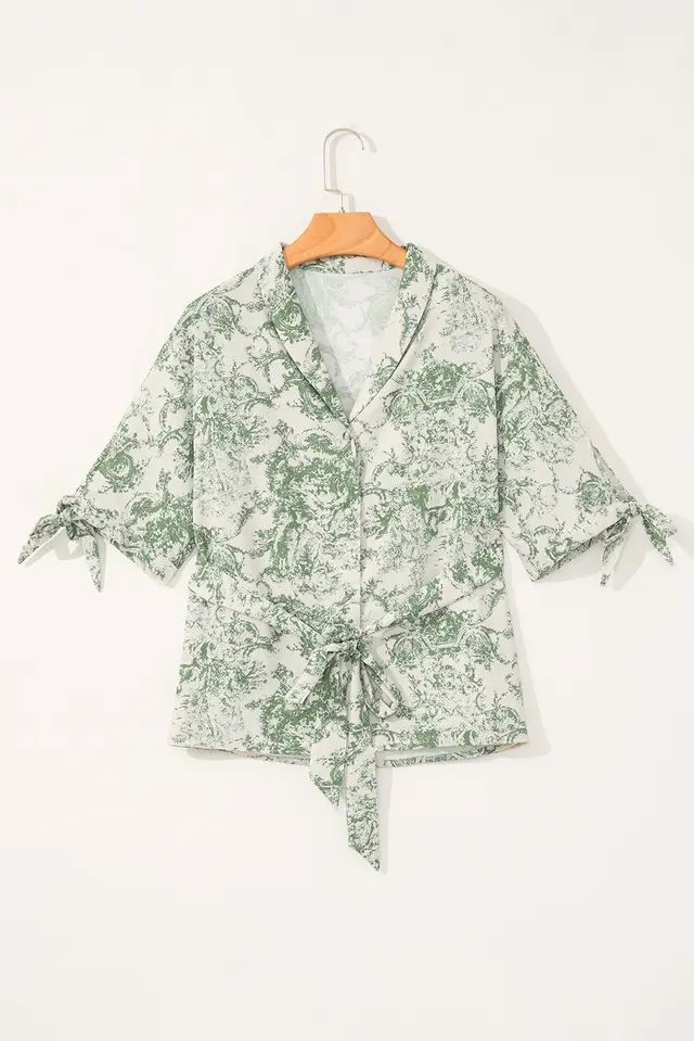 Green Landscape Print Tied Sleeve Shirt With Sash Green - Shop at LoveMi
