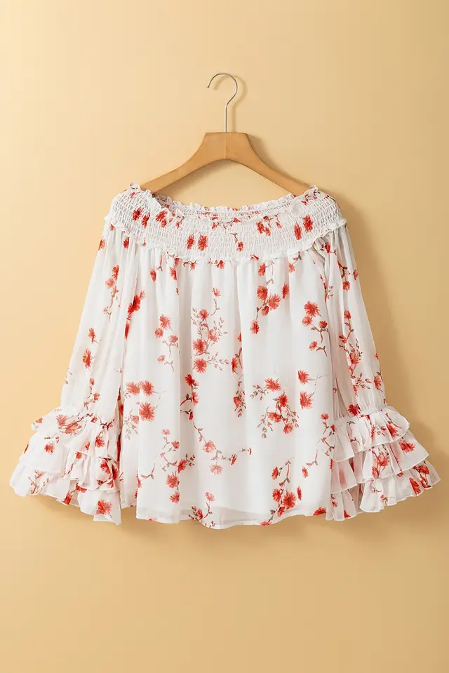 White Floral Print Shirred Off Shoulder Ruffled Sleeve Blouse White - Shop at LoveMi