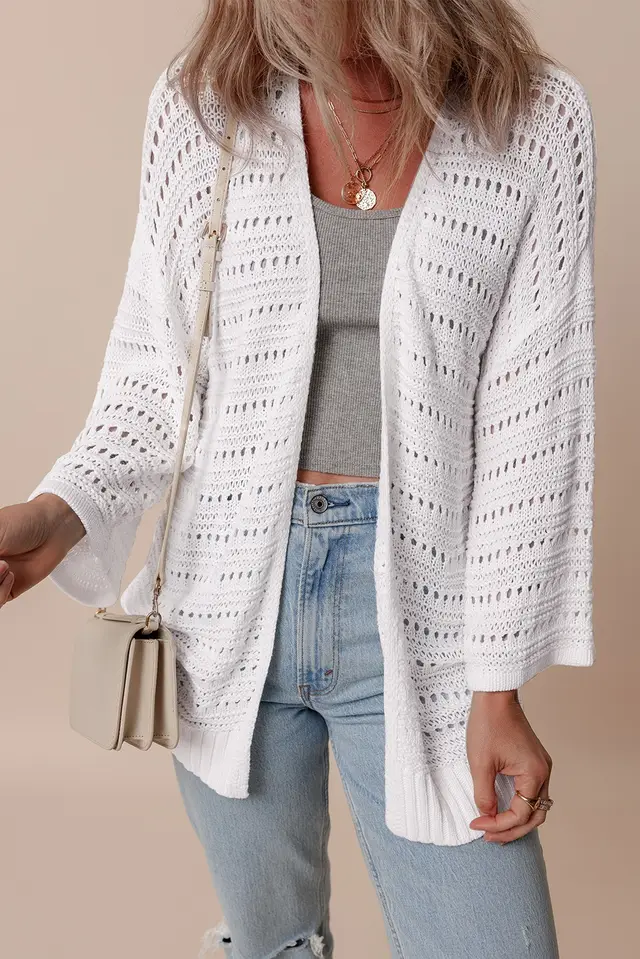 White Pointelle Knit Bracelet Sleeve Open Cardigan White - Shop at LoveMi