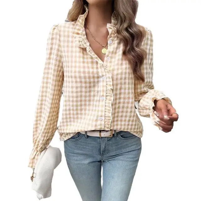 Women's French style Plaid Shirt With Wooden Ears Apricot - Shop at LoveMi