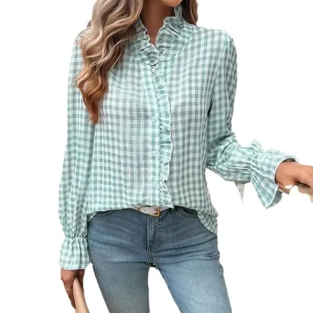 Women's French style Plaid Shirt With Wooden Ears Light Green - Shop at LoveMi