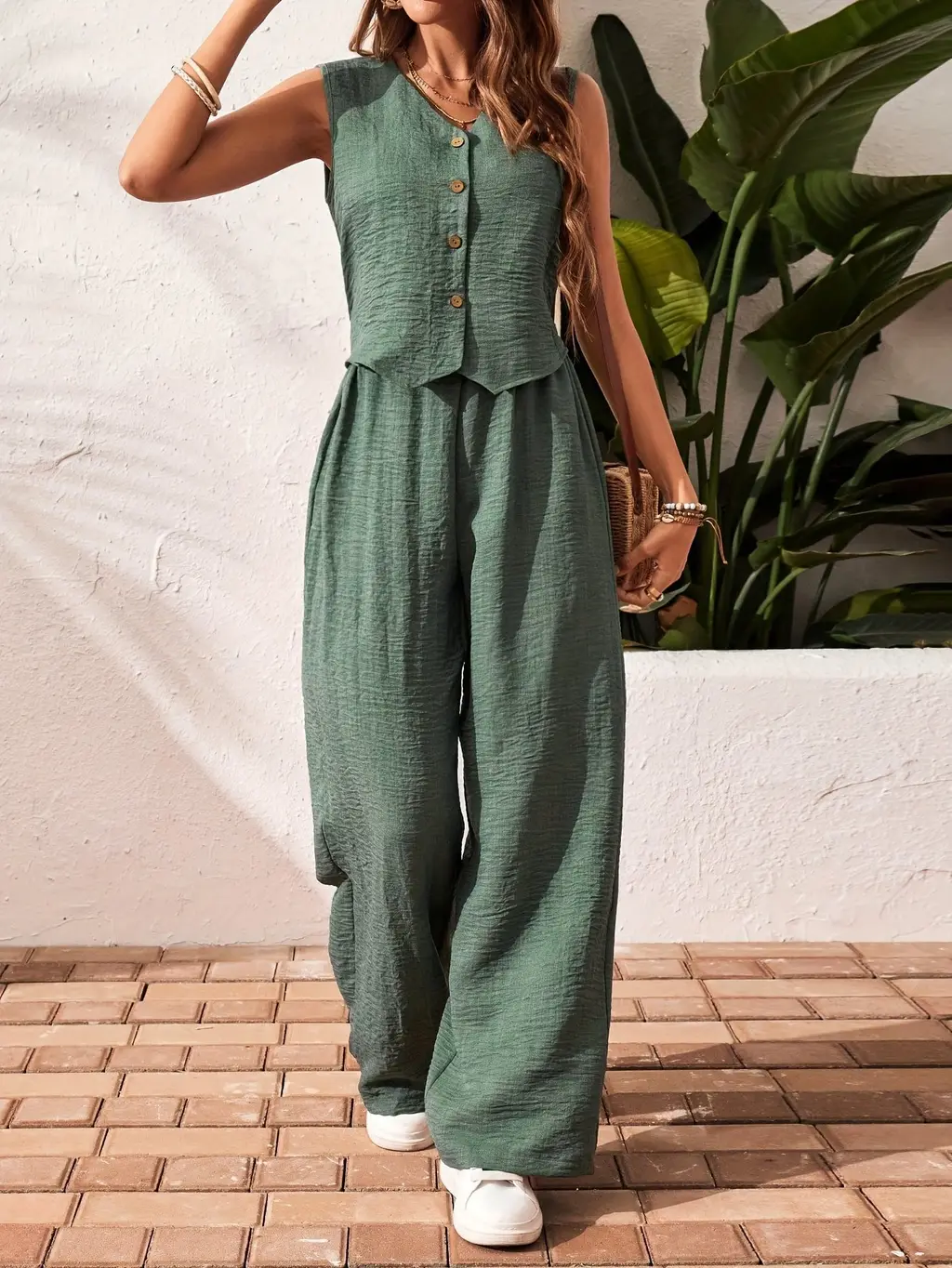 Women's Knitted Vest With Trousers Fashion Casual Women's Suit - Dark Green