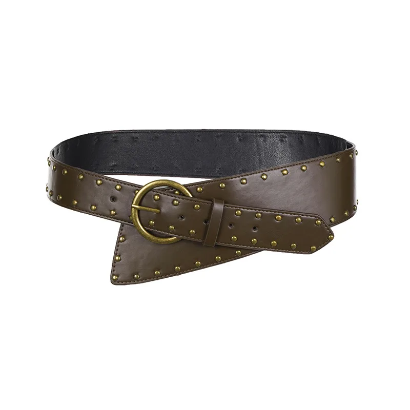 Retro Brown Base Rivet Metal Ring Buckle Personality Belt Punk Brown - Shop at LoveMi