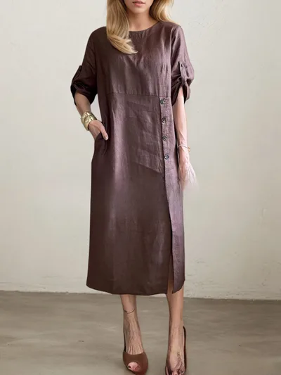 Round Neck Short Sleeve Button Split Mid length Casual Dress Brown - Shop at LoveMi