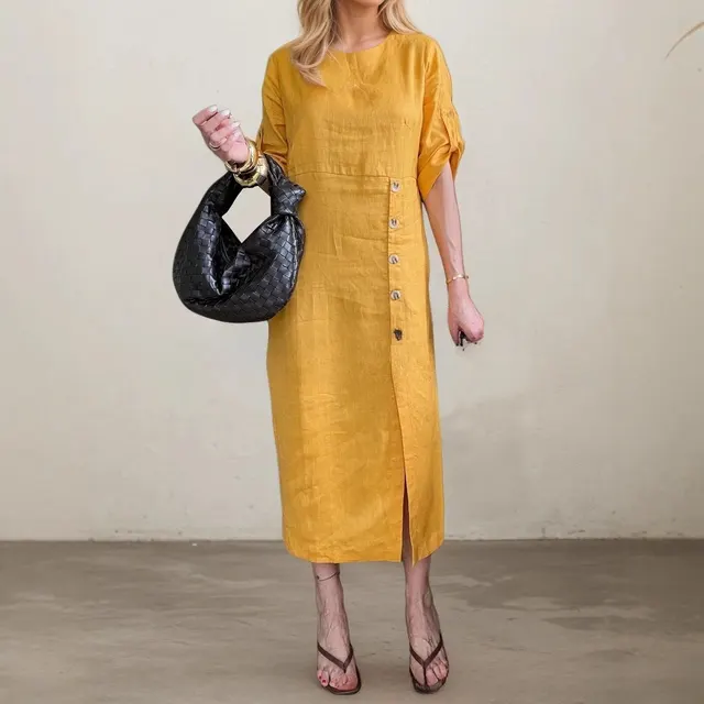 Round Neck Short Sleeve Button Split Mid length Casual Dress Ginger Yellow - Shop at LoveMi