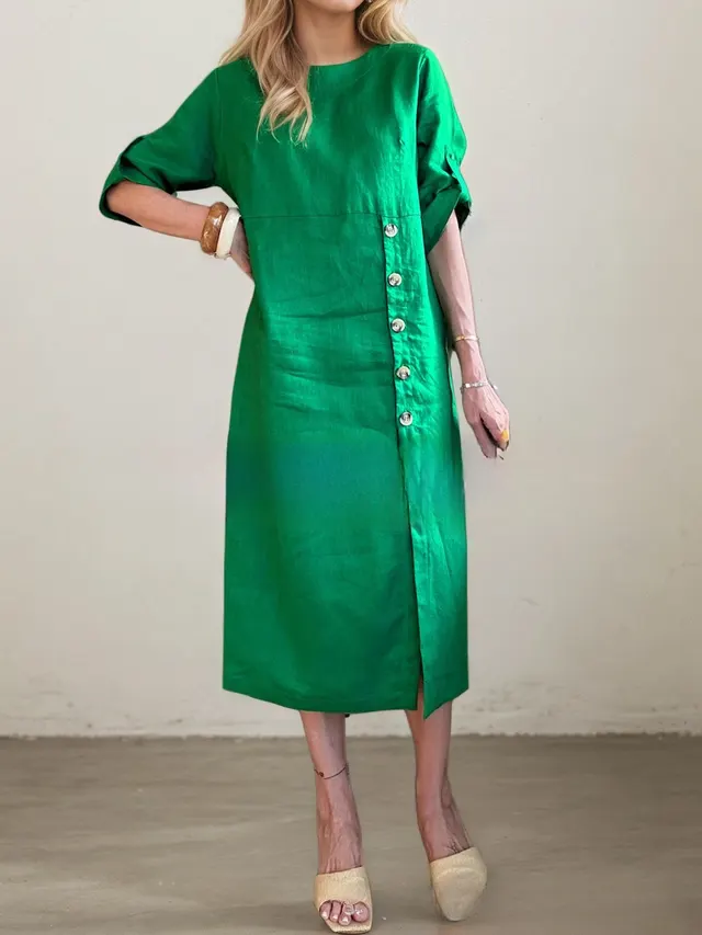 Round Neck Short Sleeve Button Split Mid length Casual Dress Green - Shop at LoveMi