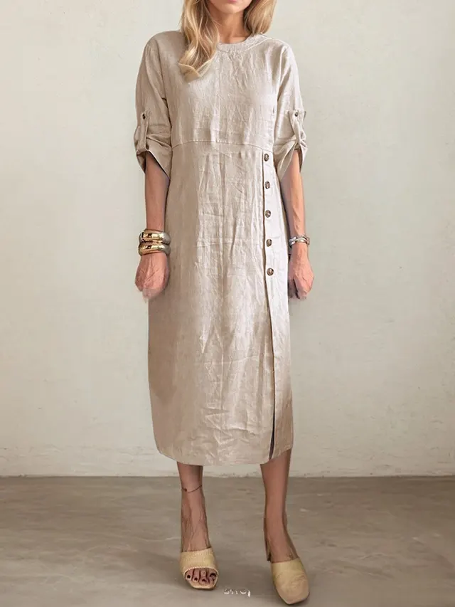 Round Neck Short Sleeve Button Split Mid length Casual Dress Khaki - Shop at LoveMi