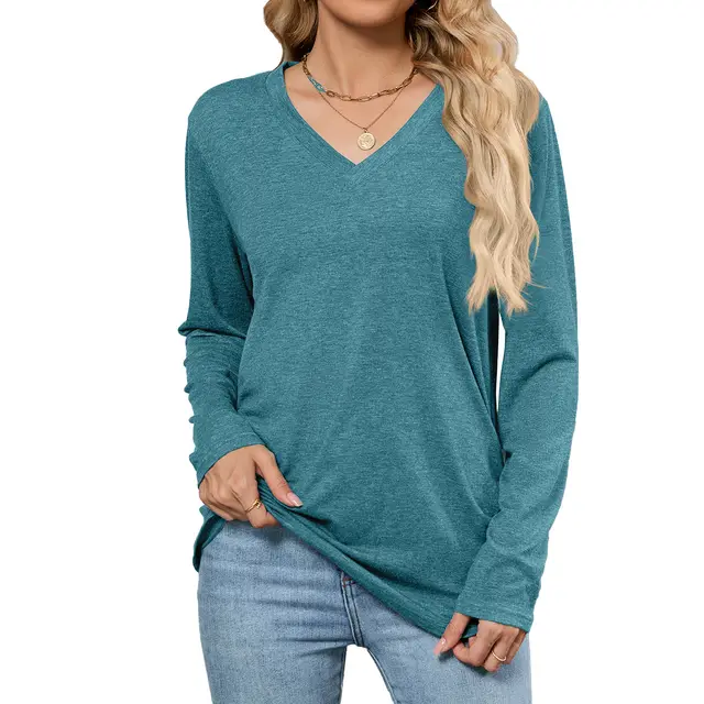 Leisure Pullover V neck Solid Color Loose Long Sleeves Peacock Blue - Shop at LoveMi