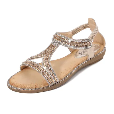 Bohemian Style Women's Shoes Hollow Out Flat Rhinestone Sandals Gold - Shop at LoveMi
