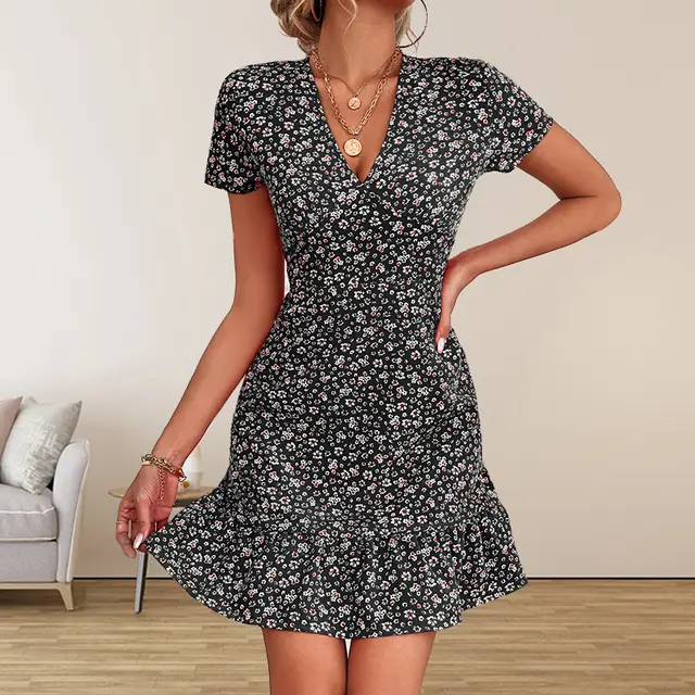 Fashion V neck Loose Casual Holiday Floral Print Dress Women Black Shivering - Shop at LoveMi