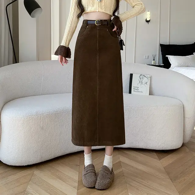 Skirt Retro High Waist A Line Sheath Straight Skirt Brown - Shop at LoveMi