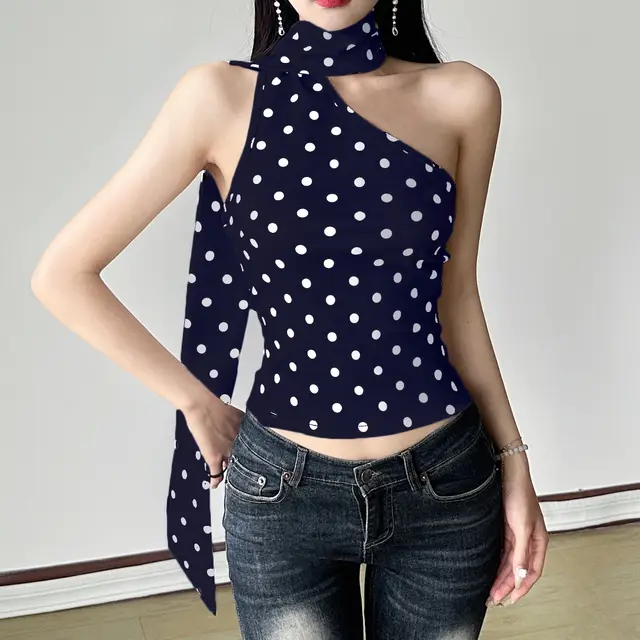 Women's Polka Dot Halter Ribbon Shoulder Backless Wild Vest Blue - Shop at LoveMi