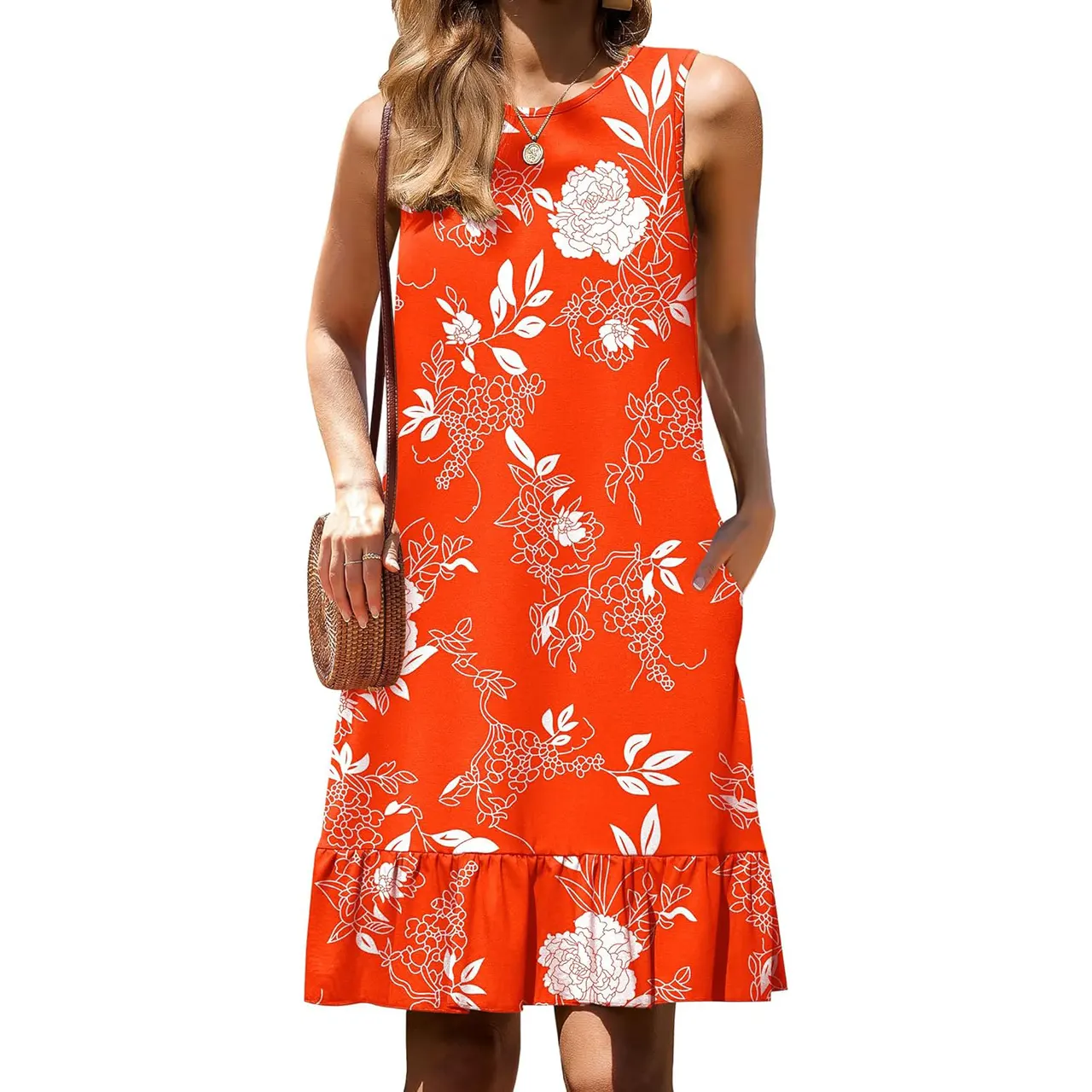 Women's Multicolor Floral Print Round Neck Pocket Vest Dress - Orange Red