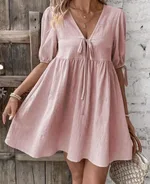 Deep V-neck Design Chest Lace-up A- Line Dress - Pink