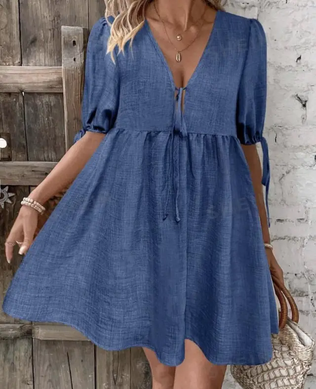 Deep V neck Design Chest Lace up A Line Dress Sapphire Blue - Shop at LoveMi