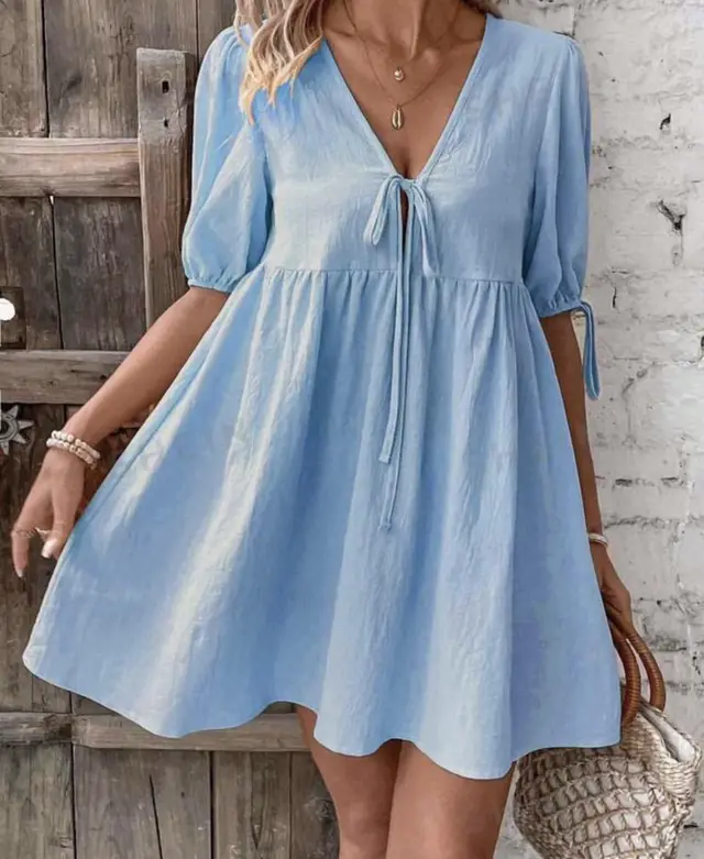Deep V neck Design Chest Lace up A Line Dress Sky Blue - Shop at LoveMi