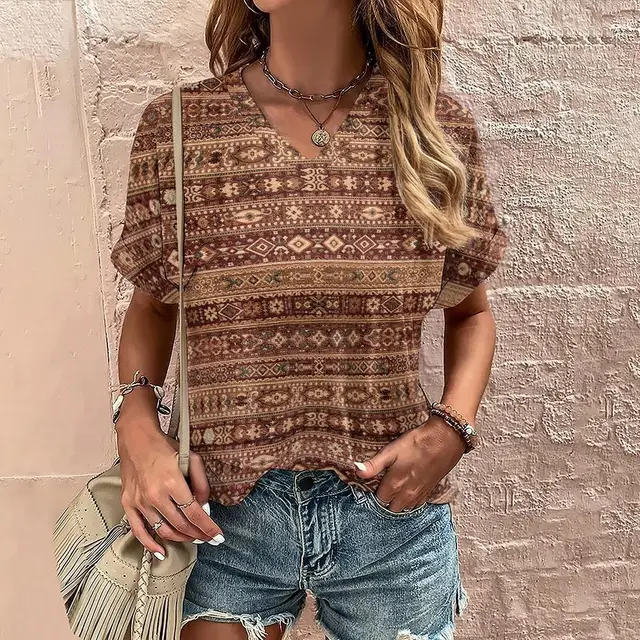 Women's Printed Short sleeved Casual Top Street V neck 3E5Zhtw - Shop at LoveMi