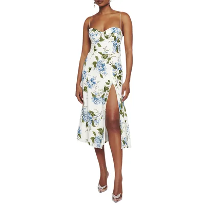 New Slim Fit Slimming French Strap Shoulder Lace Printing Holiday Dress Blue Flower White Background - Shop at LoveMi