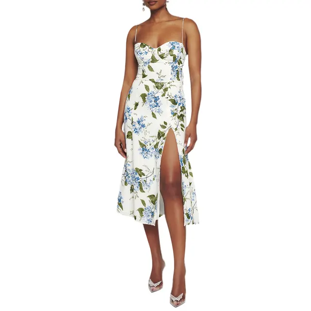 New Slim Fit Slimming French Strap Shoulder Lace Printing Holiday Dress Blue Flower White Background - Shop at LoveMi