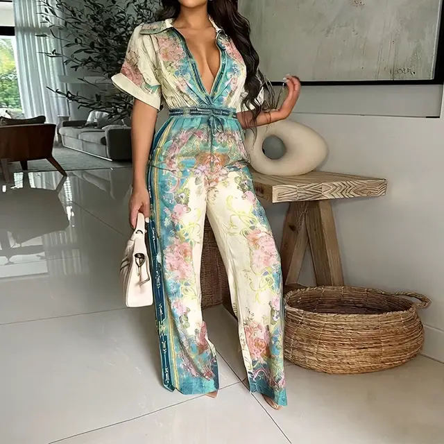 Short Sleeve Printed Sexy Slimming Jumpsuit Light Blue - Shop at LoveMi