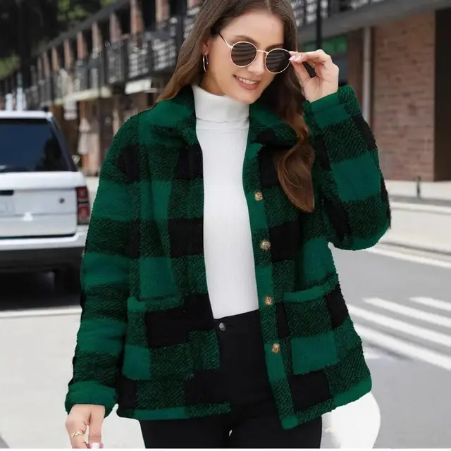 Women's Plaid Plush Long sleeved Winter Fashion Casual Jacket Green - Shop at LoveMi
