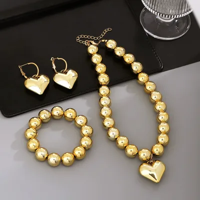 Simplicity And Exaggeration Personality Geometry Round Bracelet Love Heart Necklace Suit Gold Combination - Shop at LoveMi