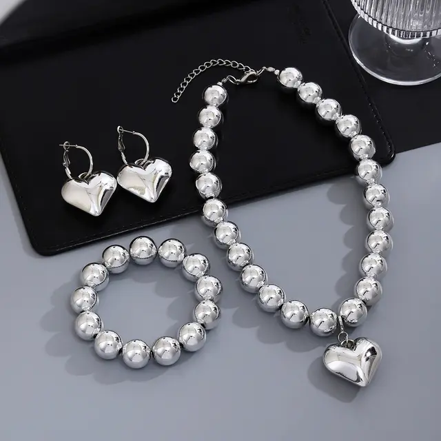 Simplicity And Exaggeration Personality Geometry Round Bracelet Love Heart Necklace Suit Silver Combination - Shop at LoveMi