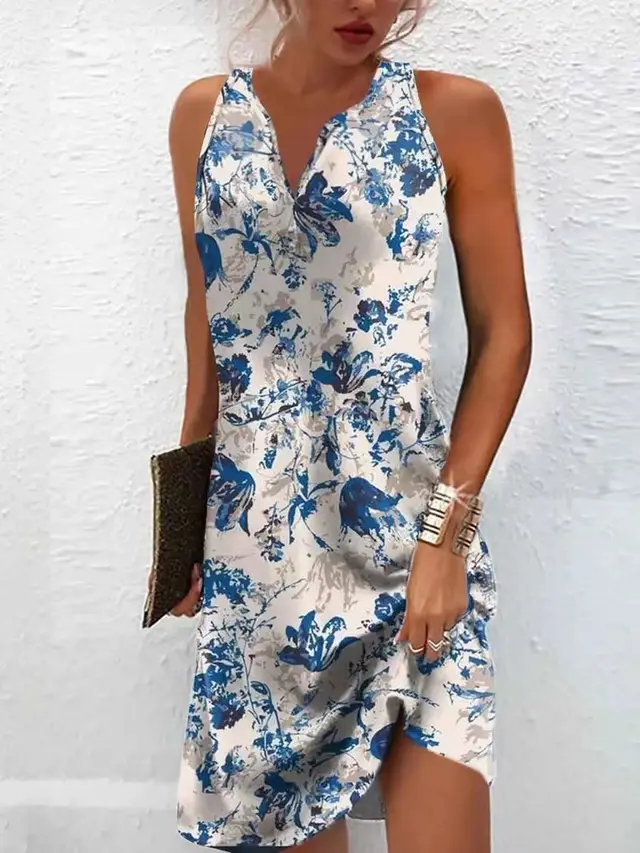 Fashion Personality Lady's Flower Printing Dress Blue On White Background - Shop at LoveMi