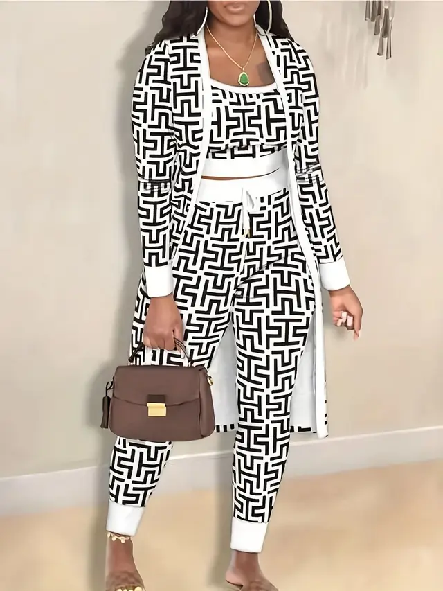 Women's Fashion Printed Coat Trousers Three piece Suit Black And White - Shop at LoveMi