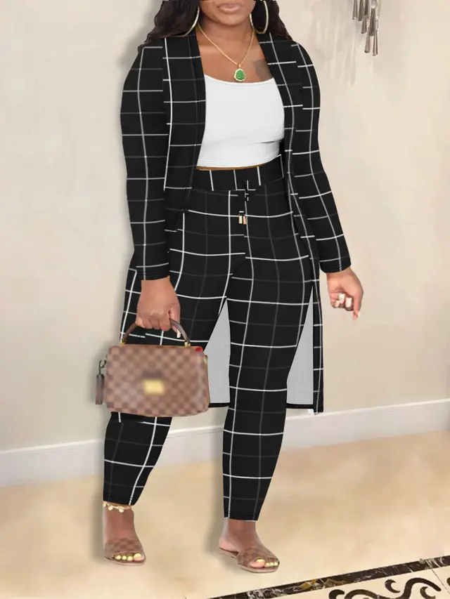 Women's Fashion Printed Coat Trousers Three piece Suit Black - Shop at LoveMi