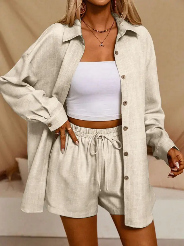 Tatting Cardigan With Shorts Fashion Casual Women's Suit Apricot - Shop at LoveMi